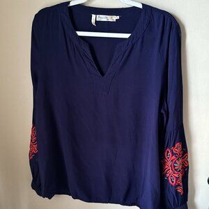 Navy Blue Bell Sleeve Blouse with Orange Embroidery